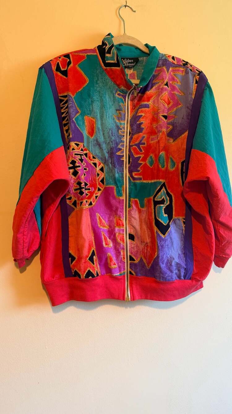 Vintage 90s Silver Thread Abstract Geometric Print Full Zip Bomber Jacket